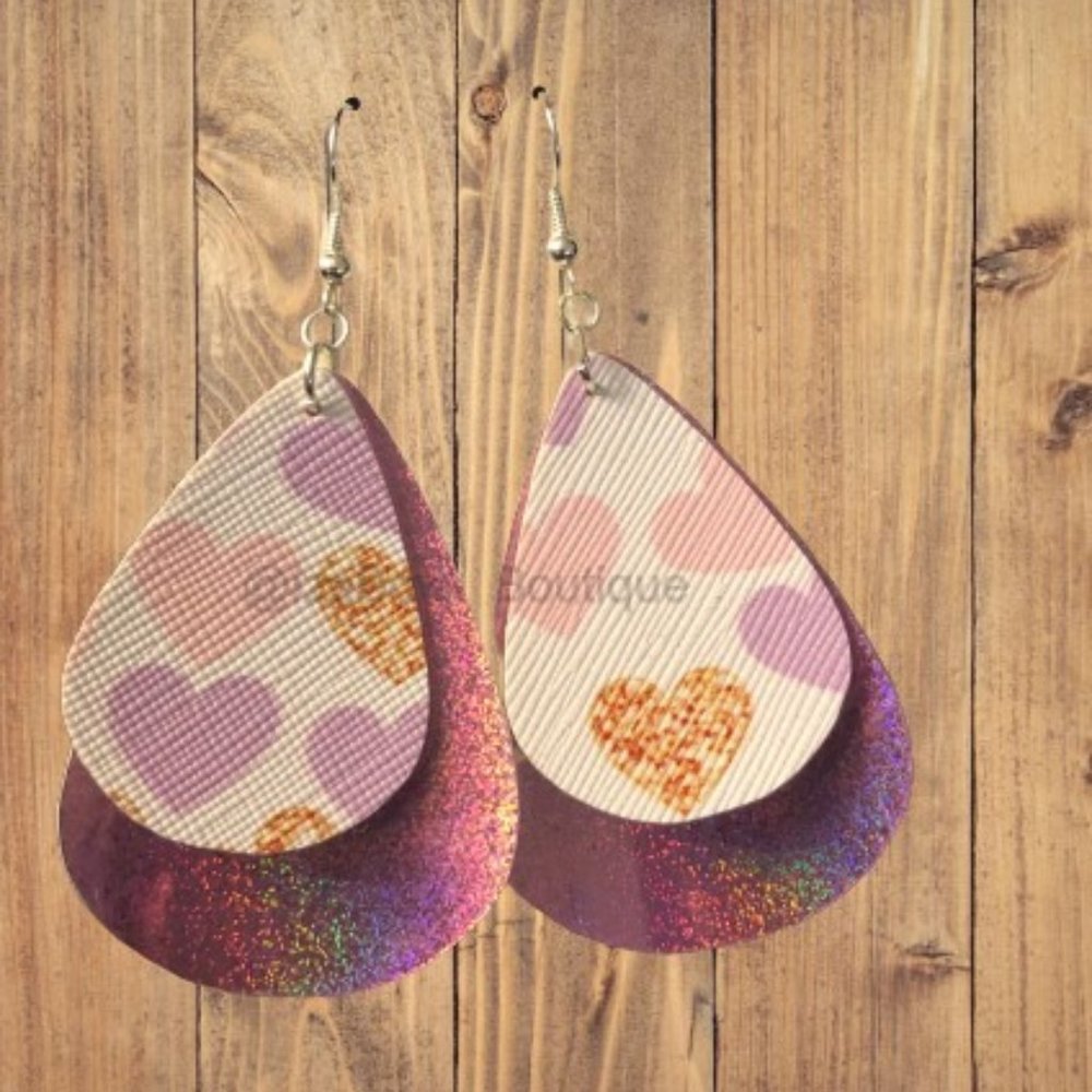Hearts & Pink Metallic Double Layer Faux Leather Earring ER2631 Handmade NWT - Picture 2 of 3
